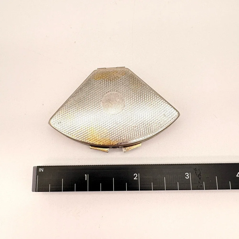 Vintage Fan Shaped Pill Box Victorian Garden Scene Silver Tone Trinket Case